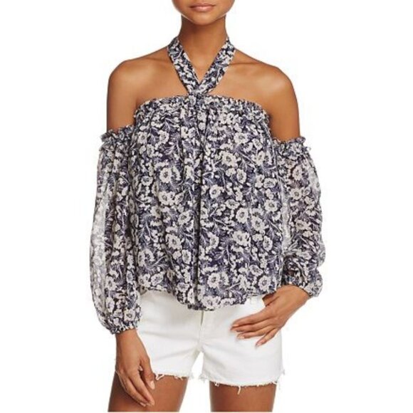 💕MISA LOS ANGELES💕 Lively Halter Off The Shoulder Long Sleeve Blouse ~ Floral - Picture 4 of 10